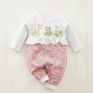 Baby Girl Romper with Cute Cartoon Wild Animals. Perfect Summer Outfit